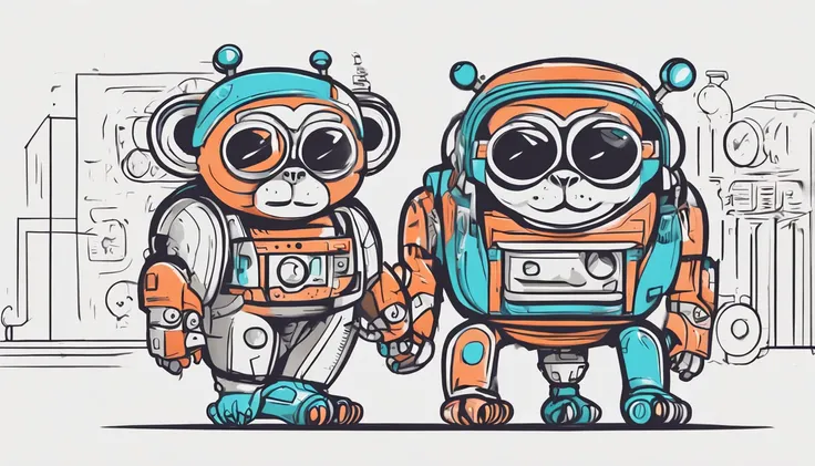 Create a logo depicting a chubby monkey in a robot-style, wearing glasses. The logo should be in vibrant, high-resolution colors. Make sure the monkey has a programmers appearance and a plump posture. In your design, focus on merging monkey elements with r...