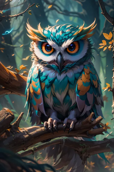 close shot of a mythical owl with colorful feathers, galaxy eyes, shiny feathers, detailed feathers, detailed big eyes, the owl is landing on an alien tree branch , looking at viewers with the eyes of judgement, focus, alien landscape background .BREAK,Det...