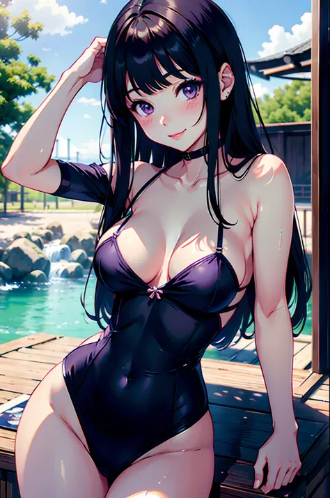 (((masterpiece))), HinataHyuga, blush, smile, 1girl, solo, long hair, looking at viewer, large breasts, black hair, purple eyes, outdoors, sky, topless, lingerie, blunt bangs, white eyes, Northern Europe,