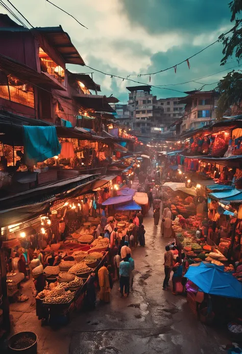 A market where many people participate，The bazaar is lined with 2-storey houses