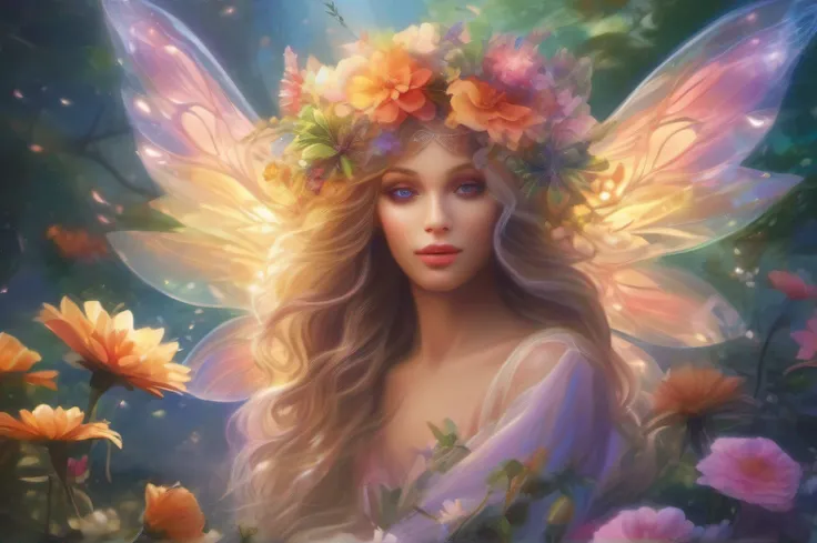 "A stunning and ethereal depiction of a mesmerizing Flower Fairy in a fantasy realm. The fairy has delicate wings and is adorned in vibrant floral attire, radiating an otherworldly glow. The scene is filled with a lush garden of blooming flowers, with beam...