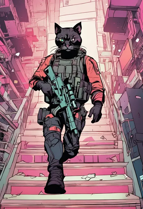 cyberpunk cat，Cat soldiers，holding gun，alert，Go up the stairs