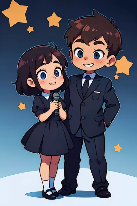 A cute little girl and a cute little boy in black business clothes，standing on your feet，Full body photo，Q version，holding a mic，Interview another person with a smile