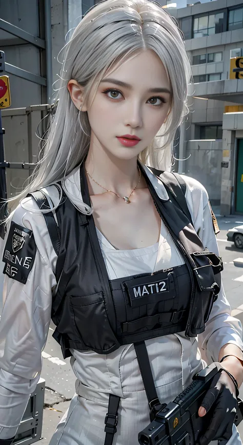 Photorealistic, high resolution, 1womanl, Solo, Hips up, view the viewer, (Detailed face), White hair, SWAT vests, Gun, jewelry