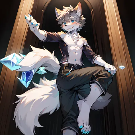 （tmasterpiece：1.2），（anatomy correct：1.1），（high qulity：1.5），（（（solo male anthropomorphic）））Furry_Transformation Wolf Flsona，1 Wolf Boy，White fur，crystal blue eyes，（Celestial nose），White claws，White feet，canine hands，（Details dog feet：1.2），Black beans，Detail...