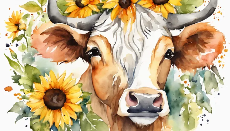 A cute American cow with black and white spots，A sunflower wreath is worn on his head，Positive perspective，cow head