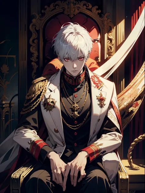 A white-haired, red-eyed prince sits on a majestic throne inside an abandoned palace. The environment around him is dark and gloomy, with evil red eyes in the walls and cobwebs hanging there. The throne is ornate, with details in gold and precious stones, ...