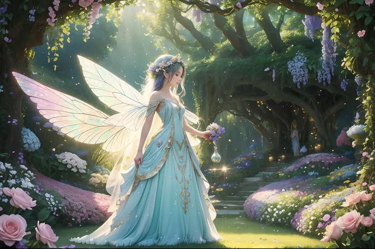 "A stunning and ethereal depiction of a mesmerizing Flower Fairy in a fantasy realm. The fairy has delicate wings and is adorned in vibrant floral attire, radiating an otherworldly glow. The scene is filled with a lush garden of blooming flowers, with beam...