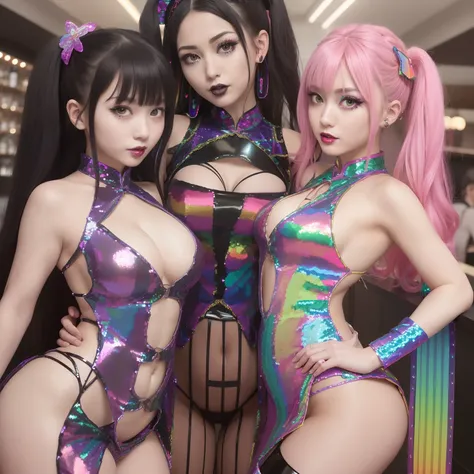 masutepiece,A hyper-realistic,32K,the Extremely Detailed CG Unity 8K Wallpapers, Best Quality,Girls,((Wearing rainbow latex gothic reversible sequins cheongsam:1.2)),(((Deep slit))),(fishnet bodysuit),Colorful wavy twin tail hair,Full body shot,In the bar,...