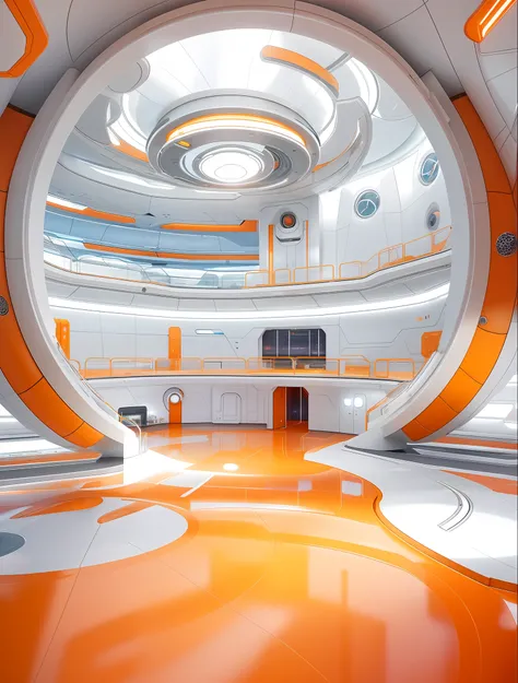 There is a futuristic room，There was a clock and a lot of orange, futuristic interior, futuristic space ship interrior, Futuristic setting, futuristic hall, futuristic laboratory, futuristic scientific laboratory, sci - fi interior, Futuristic room, space ...