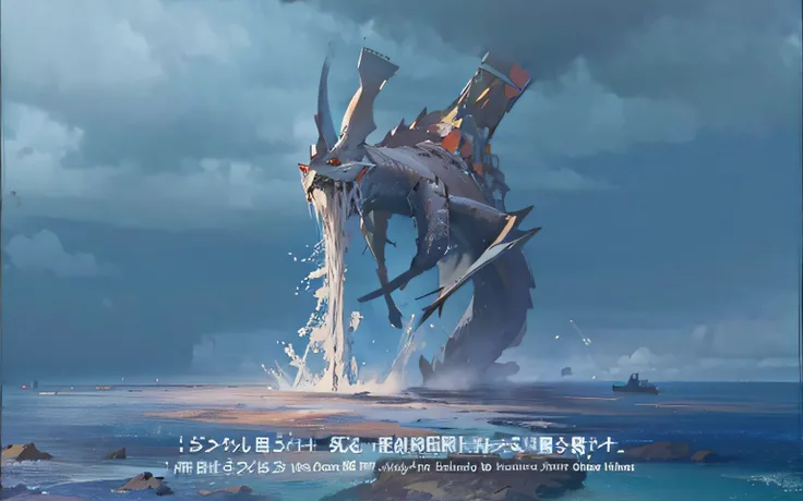 Close-up of aquatic megafauna with boat,  anime still film anime shikishi, screenshot from the anime film,  Movie 4 K frame grabbing, Screenshot from Black、Huge monsters，World destruction