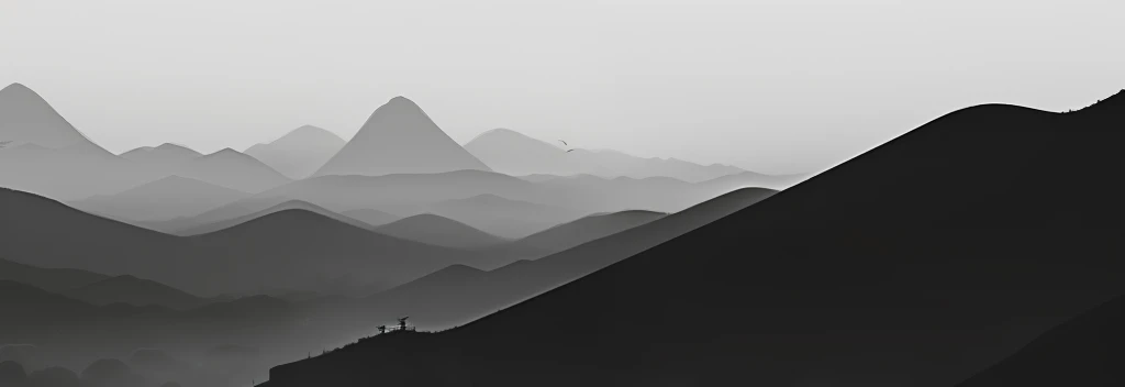 black andwhite，chinese landscape painting，banner，the picture is simple，hazy and elegant，mountains are on the left and right side...