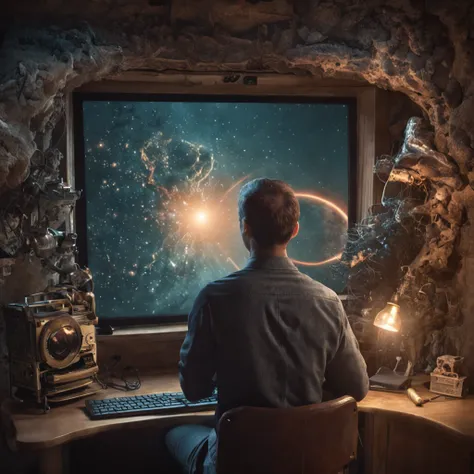 Beautiful surreal programming scenery, Man facing computer and display, Man is touching keyboard, The image is a true surrealist digital work of art, Inspired by the magical work of Maxim Velekhin. Every detail of the illustration is impressive, Emotional ...