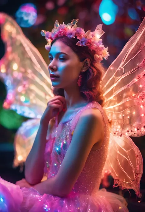 color photo of a mysterious flower fairy with transparent colorful wings, sitting in a divine light, with neon lights, holding a magic wand，axial symmetry, and a magnificent background.silver dress, high heels, flower crown, starry sky background, serene a...