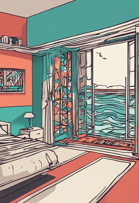 inside in room，janelas，Ocean outside the window，There are clouds indoors，Postmodern art style，pop-art