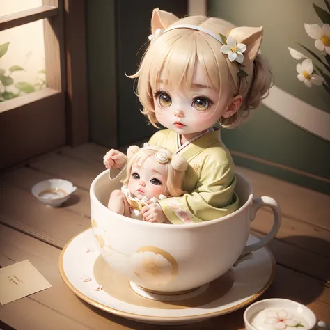 Cute Baby Chibi Anime, Pearl beige and pearl green kimono,Sit in a teacup,love letter