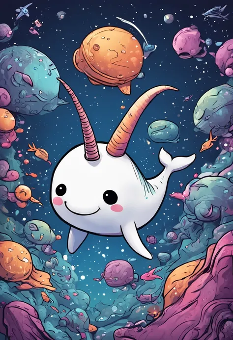 Narwhal floating in space wearing a helmet