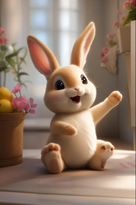 Cute adorable little bunny waving and smiling greeting me, unreal engine, cozy interior lighting, art station, detailed digital painting, cinematic, character design by mark ryden and pixar and hayao miyazaki, unreal 5, daz, hyper realistic, octane render,...