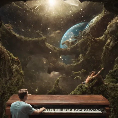 Beautiful surreal programming scenery, Men facing a computer and a display, There are 10 men, Men are touching the keyboard, The image is a true surrealist digital work of art, Inspired by the magical work of Maxim Verekin. Every detail of the illustration...