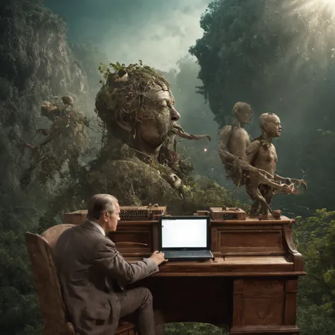 Beautiful surreal programming scenery, Men facing a computer and a display, There are 10 men, Men are touching the keyboard, The image is a true surrealist digital work of art, Inspired by the magical work of Maxim Verekin. Every detail of the illustration...