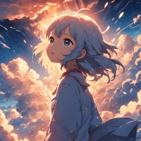 masterpiece, best quality, movie still, 1girl, cloud girl, floating in the sky, close-up, bright, happy, warm soft lighting, sunset, (sparks:0.7)