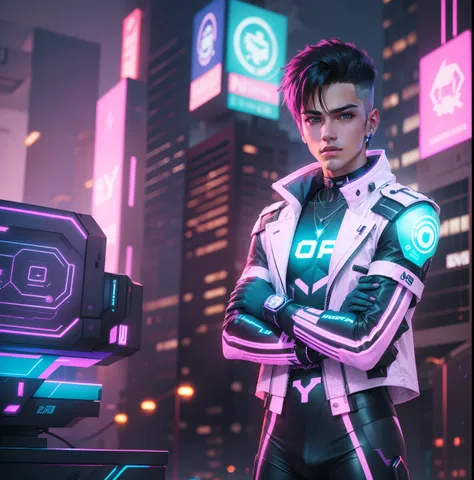 young handsome cyberpunk boy, wearing  white and neon lighting suit, cross arm, standing in front of the cyber city, neon light, masterpiece, 4k