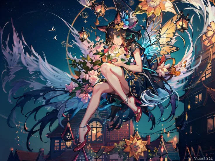 (Masterpiece:1.2, high quality), (pixiv:1.4), ,fansty world,  {{{best quality}}}, {{ultra-detailed}}, {illustration}, flower fairy, cinematic angle, {detailed light},cinematic lighting. A beautiful 3d spectral crystal flower, soft girl fairy, colorful butt...