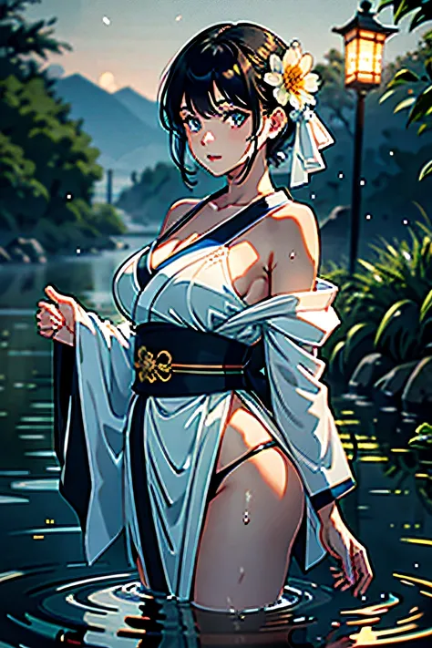 1girl, breasts, moon, lantern, night, solo, large breasts, hair ornament, wet, kimono, japanese clothes, wading, water, hair flower, flower, outdoors, sky, full moon, rain, black hair, off shoulder, mountain, cloud, holding, sash, bare shoulders, paper lan...