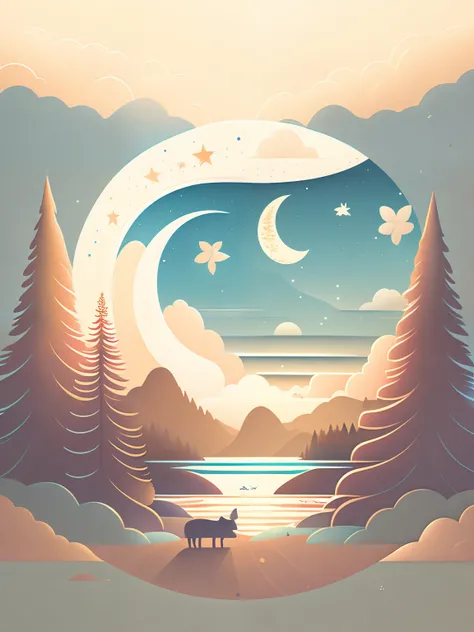 Under the stars in summer，Moon and image in the landscape，T-shirt design，rzminjourney，vectorial art，Soft warm tones