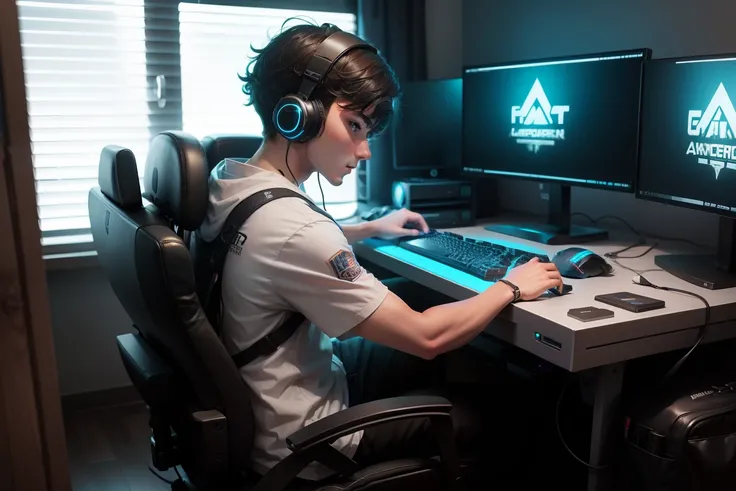 Gamer sitting in front of computer playing with keyboard and mouse playing fps game