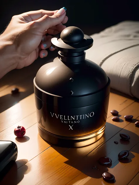 a close up of a bottle of perfume on a bed of black beans, a screenshot inspired by Hedi Xandt, instagram, vanitas, perfume, dark-toned product photos, dramatic product photography, dramatic product shot, official valentino editorial, dramatic product ligh...