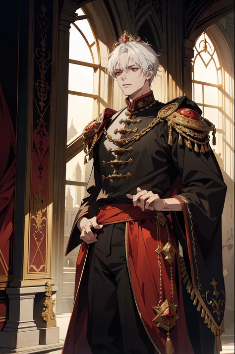 A white-haired, red-eyed prince sits on a majestic throne inside an abandoned palace with crown. The environment around him is dark and gloomy, with cracks in the walls and cobwebs hanging there. The throne is ornate, with details in gold and precious ston...