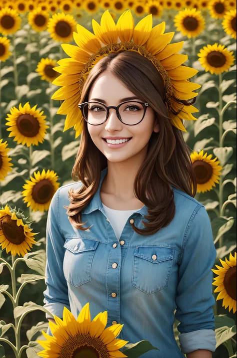 Woman standing in a field of sunflower flowers, floating hair, eyewear on head, color contact lenses, grin, Sony FE GM, cowboy shot, UHD, textured skin, high quality, 4K, masterpiece, super detail --auto