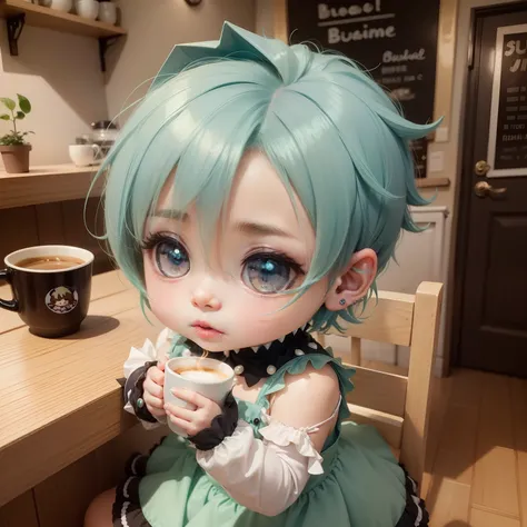 Cute Baby Chibi Anime,Pearl Blue Idol Dress,Dark green short spiky hair hair,Inside a cute coffee shop