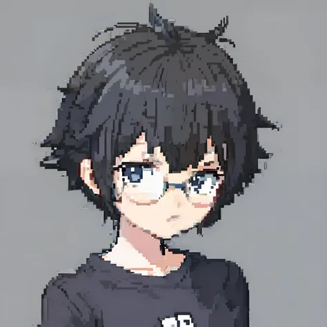 Pixel art，Clear and detailed 2D pixel portraiture，Young boy wearing glasses and black shirt black T-shirt，Hana Yadas anime-style character，Inspiration for Okumura Tohisa，Cool characters