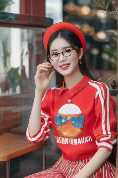 there is a woman with glasses and a red shirt posing for a picture, dang my linh, with glasses, xintong chen, 2 8 years old, 2 7 years old, wenfei ye, mai anh tran, 2 9 years old, li zixin, 2 3 years old, dao trong le, in style of lam manh