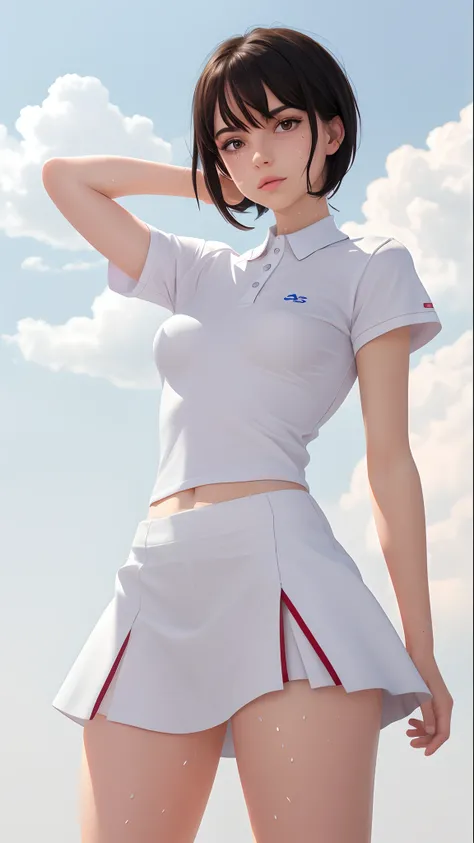 1girl, solo, white polo shirt, white sneakers, tennis wear, white miniskirt, masterpiece, best quality, realistic, hyper-detailed, (shiny skin, sweaty:1.4), absurd, looking at viewer, short black hair, brown eyes, slender, dynamic lighting, high resolution...