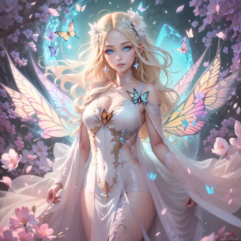 (Manhwa Style，winning artwork，best qualtiy，high detal，tmasterpiece),(full body:1.3),(super wide shot，Long-range shots，low angles，Soft lighting),1 elven royal princess，(Floating in the air,)Triple crown,(transparent butterfly wings，luminescent wings)，White ...