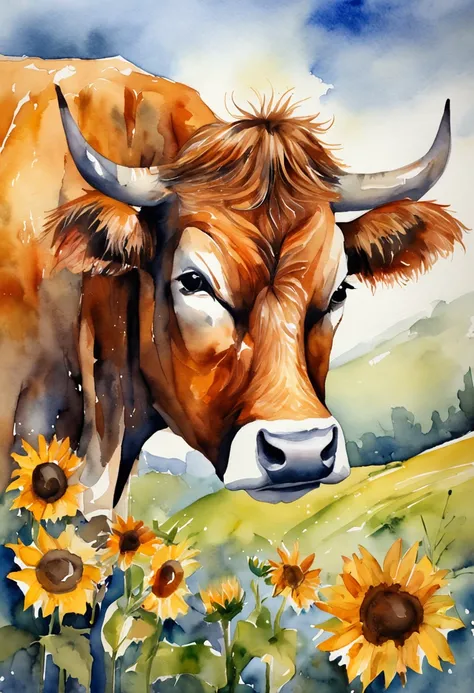 A lovely cow，Sunflowers are worn on the head，Positive perspective，cow head，