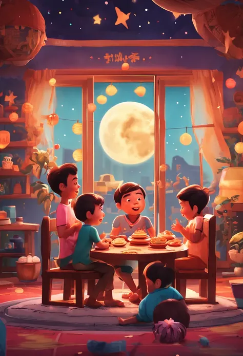 (top-quality、8K、tmasterpiece:1.3)、Full moon and stars in sky illustration，The family sits together eating mooncakes,Mom and dad laugh with the kids，In a living room、Bright house scene，extremely detailed face and skin，Heartwarming scene，perfect  detail