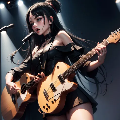 A girl with long black hair standing infront of a Mike and holding guitar and wearing stage outfit and singing