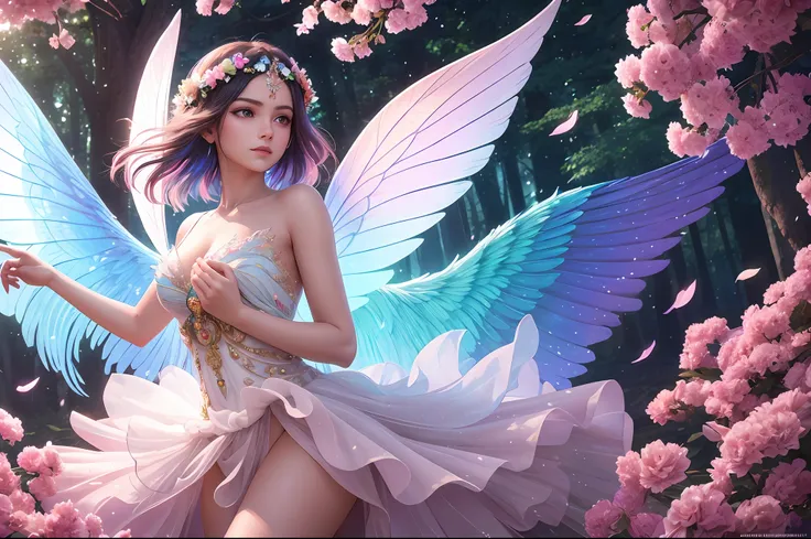 "A mesmerizing Flower Fairy with vibrant, multicolored wings and delicate petals floating around her. She radiates a ethereal glow in a dreamy forest, surrounded by lush foliage and shimmering sunlight. Her graceful pose captures her enchanting presence, w...