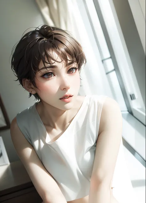 (dynamic lighting), (highly detailed cg), (highly detailed skin), (very high resolution), (toned body), (photorealistic), (high-res), (8k), (shiny oily skin), collarbone, hipbone, hmanis, short hair, ahoge,  exposed breasts, lifted crop top, short shorts, ...