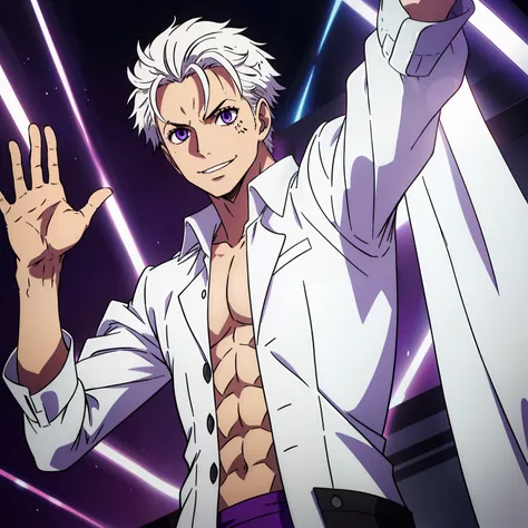 1boy with white hair and purple eyes, is happy and waving, se le ve el cuerpo completo