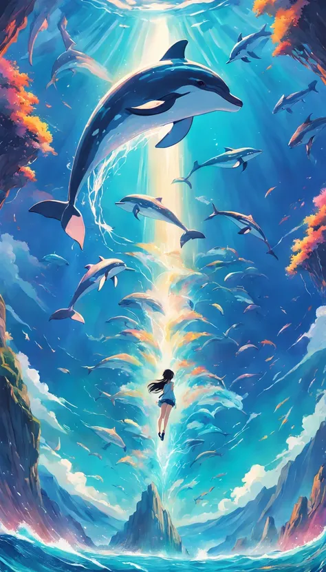 Painting of a pod of dolphins swimming in colorful ocean, Look up at the composition，sky whales, Inspired by Cyril Rolando, dreamy psychedelic anime, colorful anime movie background, A beautiful artwork illustration, author：Shitao, colorful concept art, Ma...