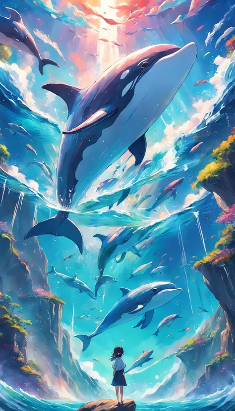 Painting of a pod of dolphins swimming in colorful ocean, Look up at the composition，sky whales, Inspired by Cyril Rolando, dreamy psychedelic anime, colorful anime movie background, A beautiful artwork illustration, author：Shitao, colorful concept art, Ma...