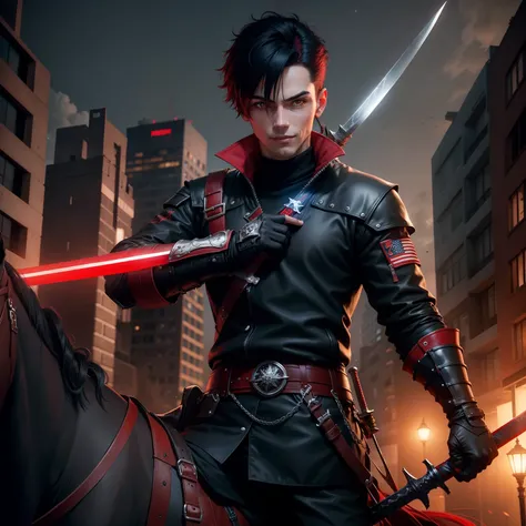 Tall boy, red eye, black jacket,  on urban, pony, red black hair, short hair, smile, cool, breing the sword, red and blue light on sword, no hourse, nigt with moon and stars fantasy, horror, ultra realistic, 70 mm lens