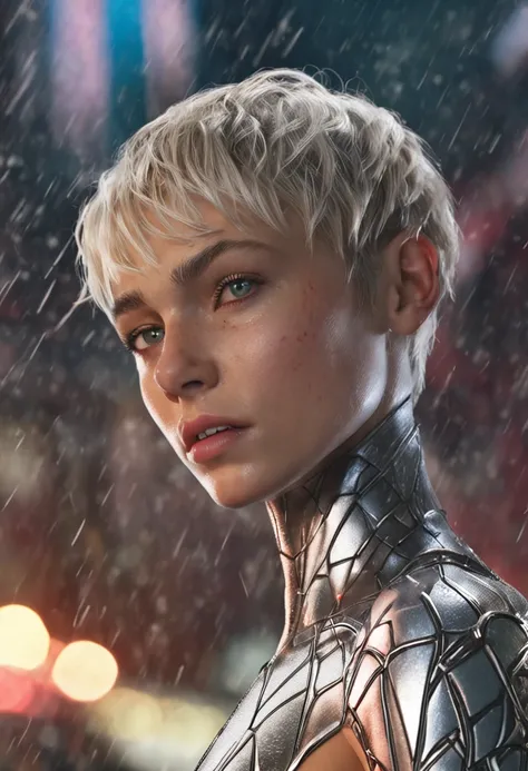 18 yo girl, white spider man suit, short blunt hair, blonde, beautiful face, rain, roof, masterpiece, intricate detail, perfect anatomy