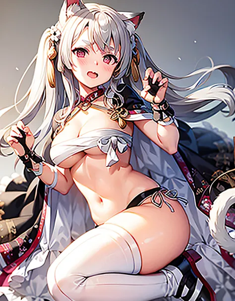 masterpiece,1girl,solo,white hair,twintail,cat ears,blush,open mouth,navel,cleavage, sarashi,paw pose,