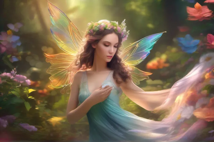 "A mesmerizing Flower Fairy with vibrant, multicolored wings and delicate petals floating around her. She radiates a ethereal glow in a dreamy forest, surrounded by lush foliage and shimmering sunlight. Her graceful pose captures her enchanting presence, w...